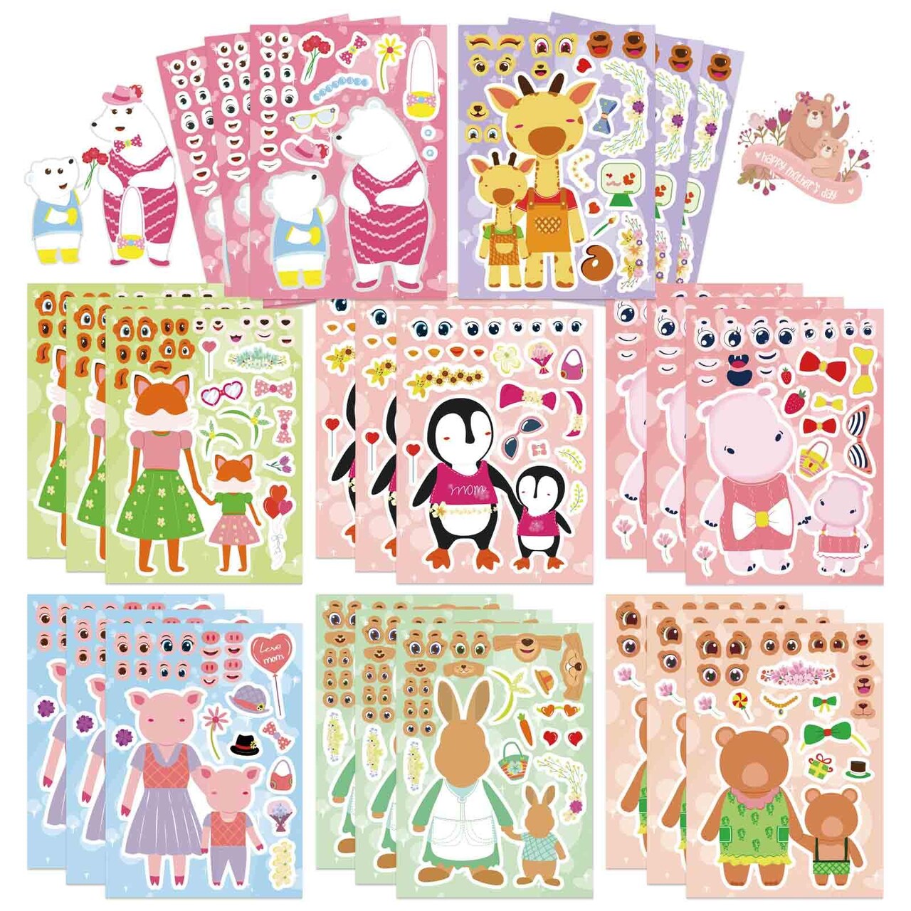 24 Sheets Mothers Day Stickers for Kids, Make Your Own Animal Stickers, Happy Mothers Day Craft Sticker, Love Mom Sticker, Mother' s Day Party Supplies
